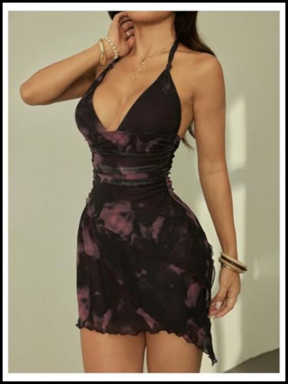 Tie Dye Mesh Halter Mini Dress Ruched Bodycon Plunge V Neck Backless Party - Picture 3 of 4